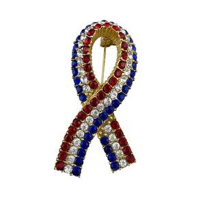 Red White & Blue Rhinestone Ribbon Brooch‎ American Flag Colors Gold-Tone Pin